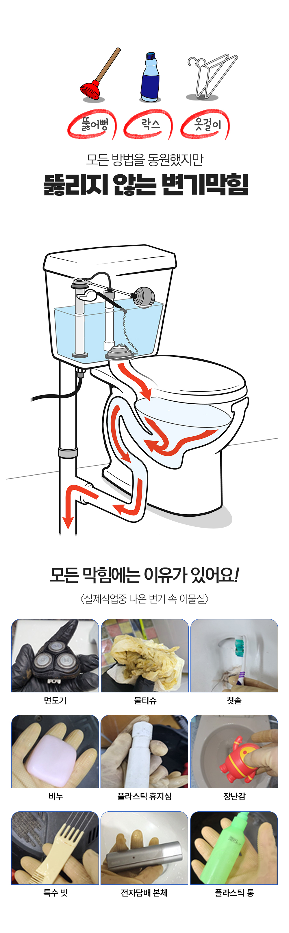 뚫리지 않던 변기막힘 모든막힘에는 이유가 있어요